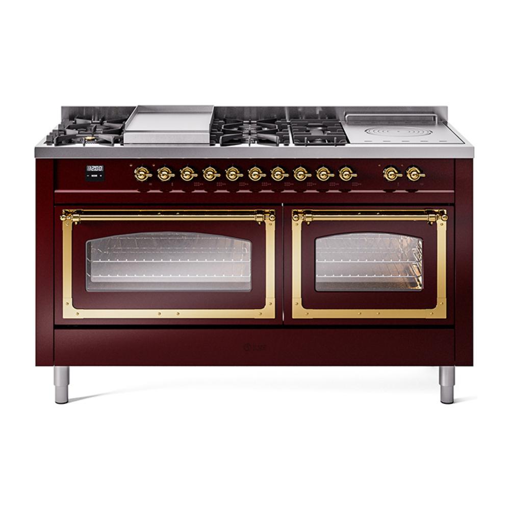 ILVE UN60FSNMPBUGLP Nostalgie II Noblesse 60 inch Dual Fuel Range (7 Sealed Burners + Griddle + French Top, Liquid Propane, Triple Glass Door, Burgundy, Brass)