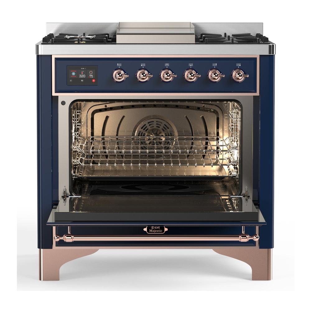 ILVE UM36FQNR3MBPLP Majestic III 36 inch Dual Fuel Range with 6 Black Brass Burners and Griddle, Dual Function Burner up to 25,000 BTU (Solid Door, Midnight Blue, Copper, Liquid Propane)