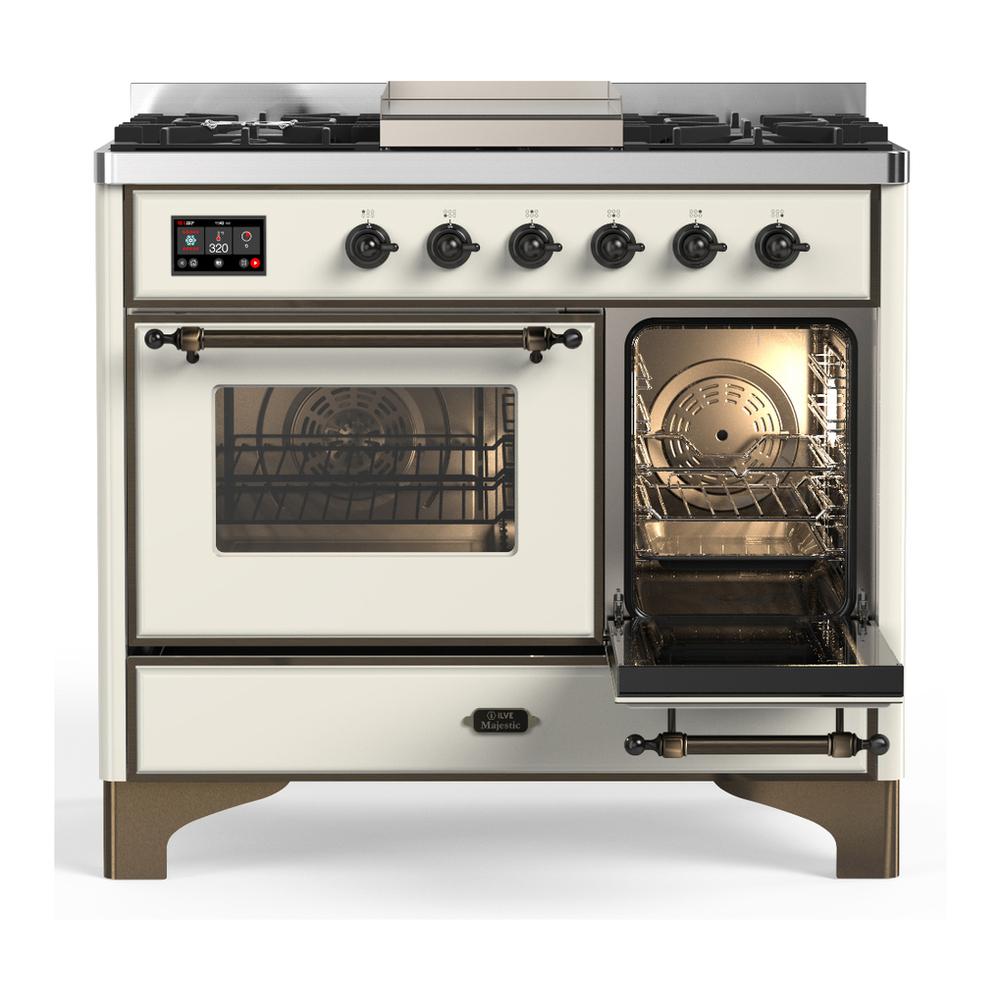ILVE UMD40FNR3AWB Majestic III 40 inch Dual Fuel Range with 6 Burners and Griddle, Dual Function Burner up to 25,000 BTU (Natural Gas, Triple Glass Door, Antique White, Burnished)