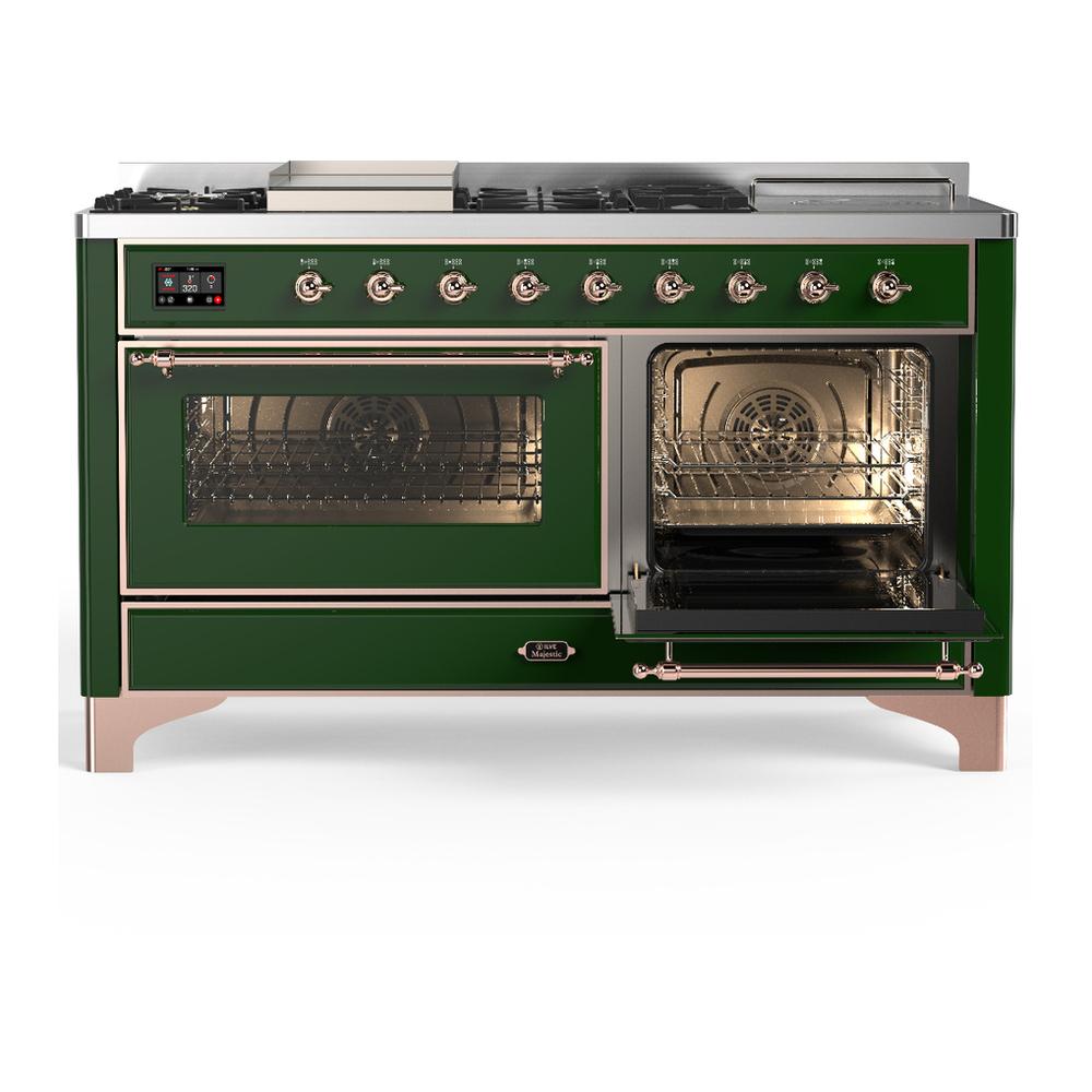 ILVE UM60FSNR3EGPLP Majestic III 60 inch Dual Fuel Range with 7 Burners, Griddle and French Top, Dual Function Burner with up to 25,000 BTU (Liquid Propane, Triple Glass Door, Emerald Green, Copper)