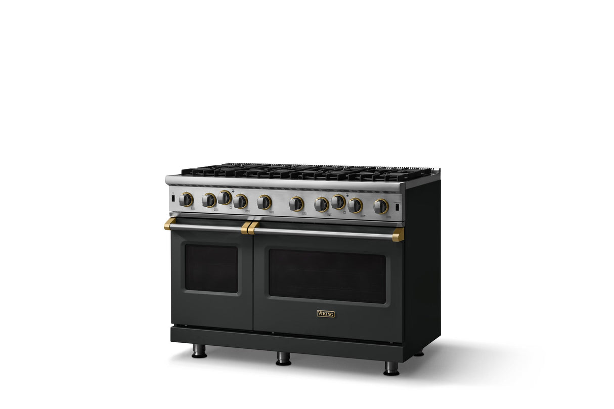48"W. Open Burner Gas Range (Finish: Antique Bronze, Trim: Brushed Brass, Fuel: Propane)
