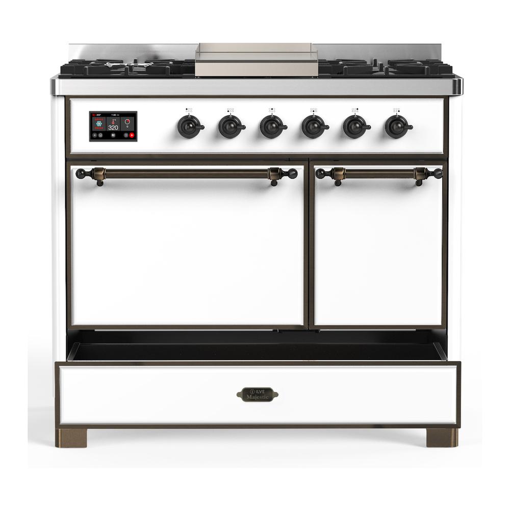 ILVE UMD40FQNR3WHBLP Majestic III 40 inch Dual Fuel Range with 6 Burners and Griddle, Dual Function Burner up to 25,000 BTU (Liquid Propane, Solid Door, White, Burnished)