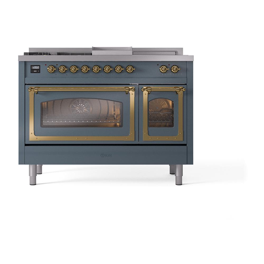 ILVE UN48FSNMPBGG Nostalgie II Noblesse 48 inch Dual Fuel Range (5 Sealed Burners + Griddle + French Top, Natural Gas, Triple Glass Door, Blue Grey, Brass)