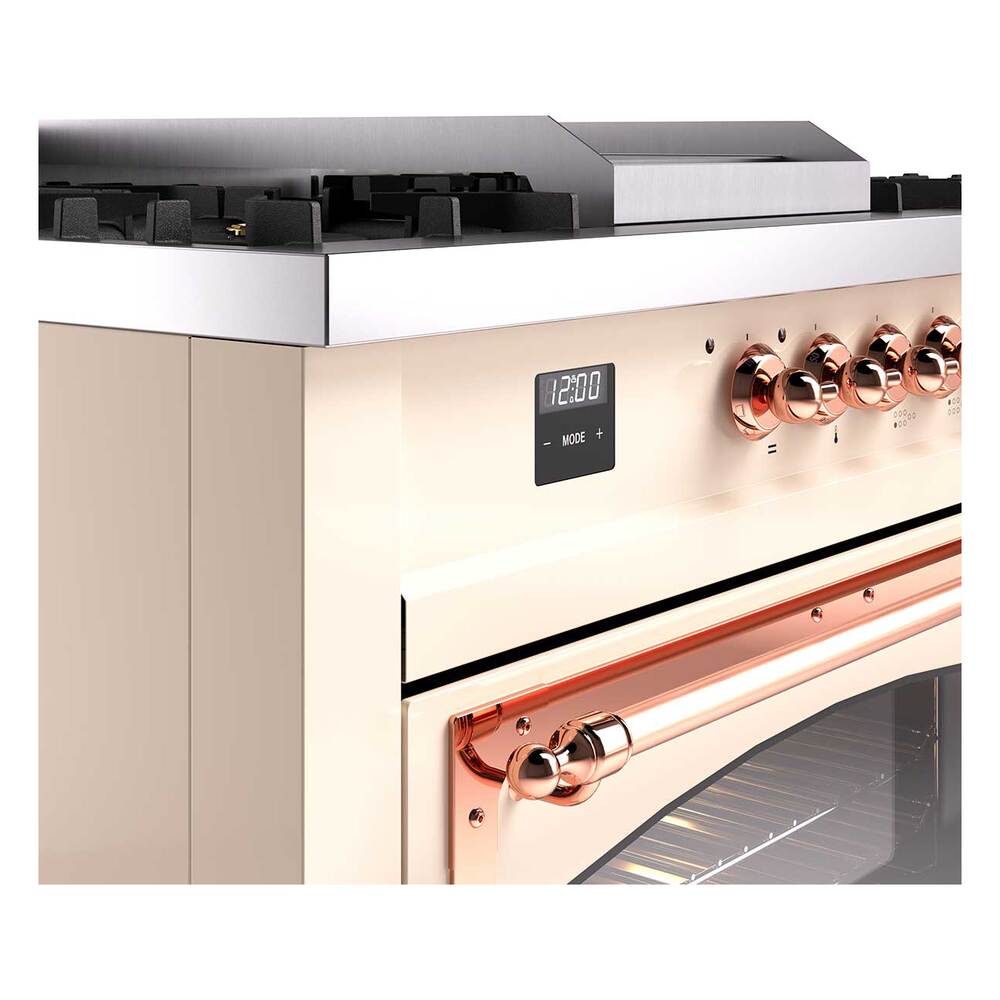 ILVE UN60FSNMPAWPLP Nostalgie II Noblesse 60 inch Dual Fuel Range (7 Sealed Burners + Griddle + French Top, Liquid Propane, Triple Glass Door, Antique White, Copper)