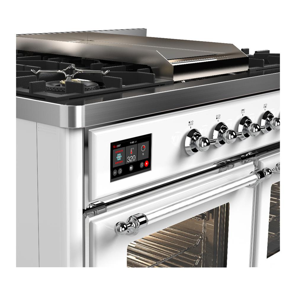 ILVE UMD40FNR3WHCLP Majestic III 40 inch Dual Fuel Range with 6 Burners and Griddle, Dual Function Burner up to 25,000 BTU (Liquid Propane, Triple Glass Door, White, Chrome)