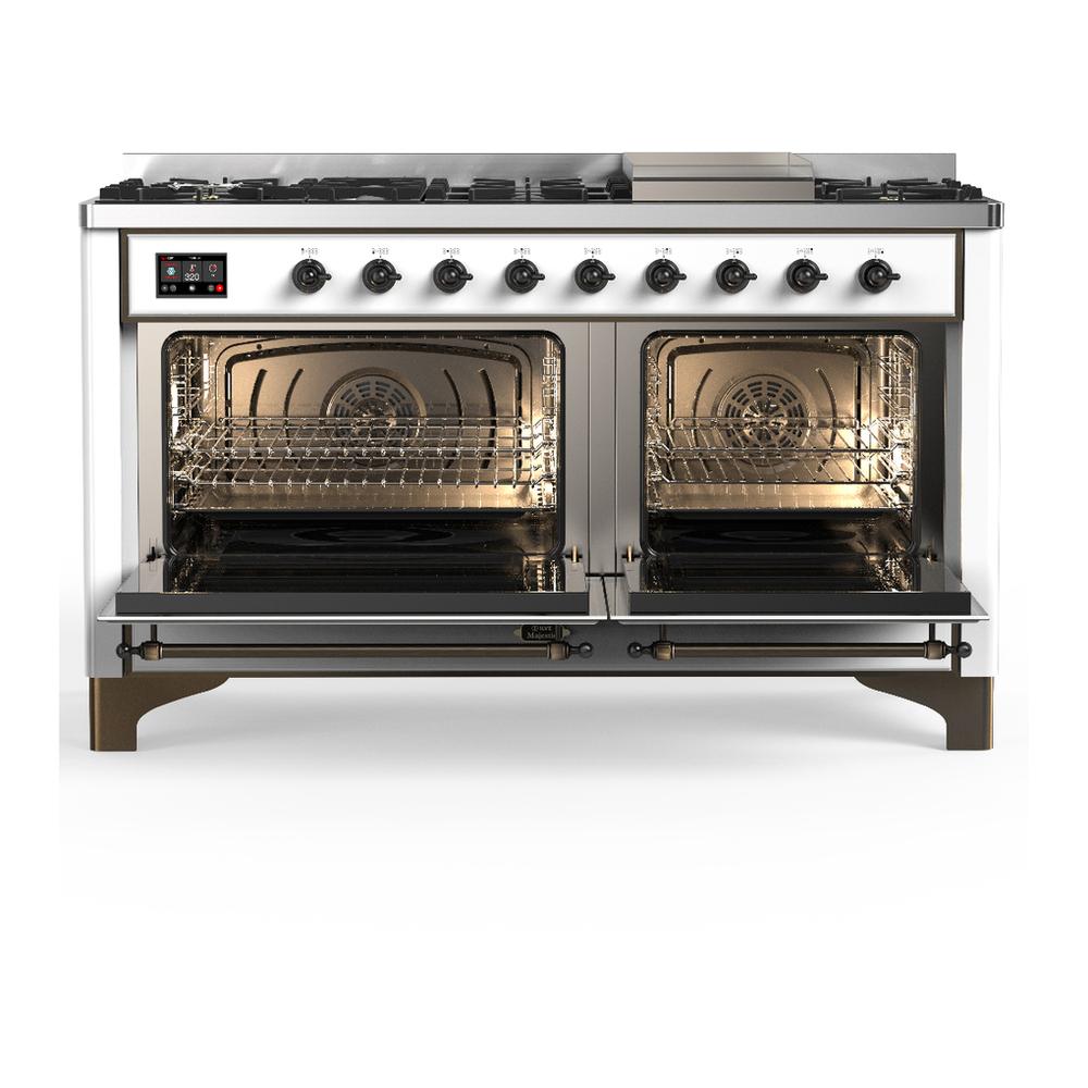 ILVE UM60FQNR3WHBLP Majestic III 60 inch Dual Fuel Range with 9 Burners and Griddle, Dual Function Burner up to 25,000 BTU (Liquid Propane, Solid Door, White, Burnished)