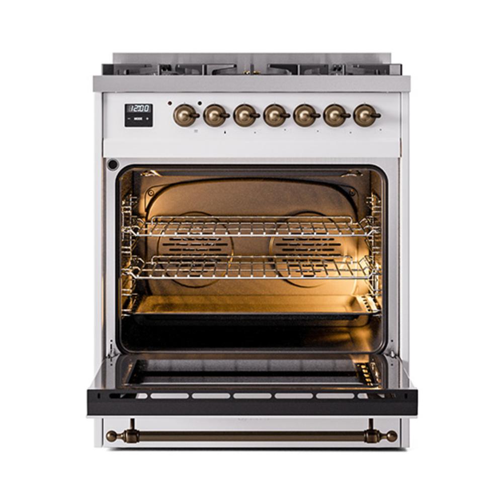ILVE UN30QNMPWHB Nostalgie II Noblesse 30 inch Dual Fuel Range (Natural Gas, Solid Door, White, Burnished)