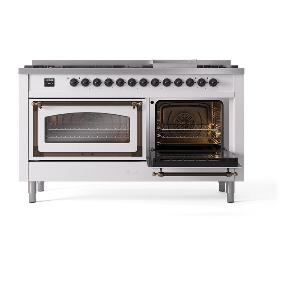 ILVE UN60FNMPWHBLP Nostalgie II Noblesse 60 inch Dual Fuel Range (9 Sealed Burners + Griddle, Liquid Propane, Triple Glass Door, White, Burnished)