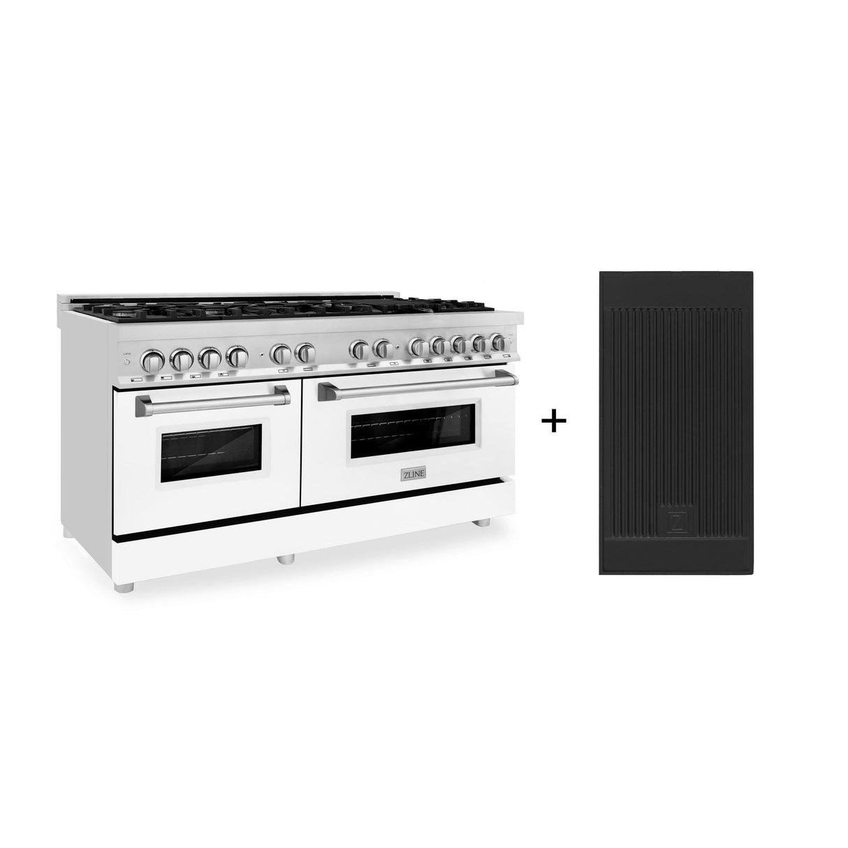 ZLINE 60 in. 7.4 cu. ft. Electric Oven and Gas Cooktop Dual Fuel Range with Griddle and White Matte Door in Stainless Steel (RA-WM-GR-60)