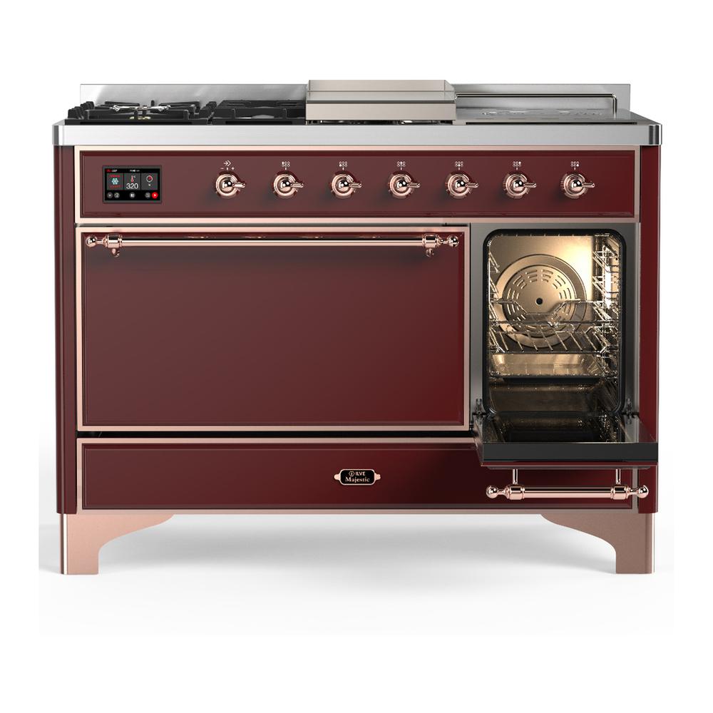 ILVE UM48FSQNR3BUP Majestic III 48 inch Dual Fuel Range with 5 Black Brass Burners, Griddle and French Top, Dual Function Burner up to 25,000 BTU (Natural Gas, Solid Door, Burgundy, Copper)