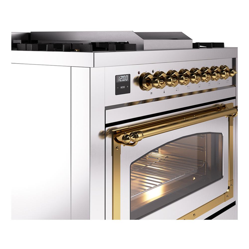 ILVE UN36FNMPSSG Nostalgie II Noblesse 36 inch Dual Fuel Range (Natural Gas, Triple Glass Door, Stainless Steel, Brass)