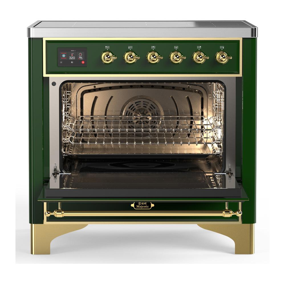 ILVE UMIB36QNR3EGG Majestic III 36 inch Induction Range with 6 Elements, 3.5 cu. ft. Total Oven Capacity (Solid Door, Emerald Green, Brass)