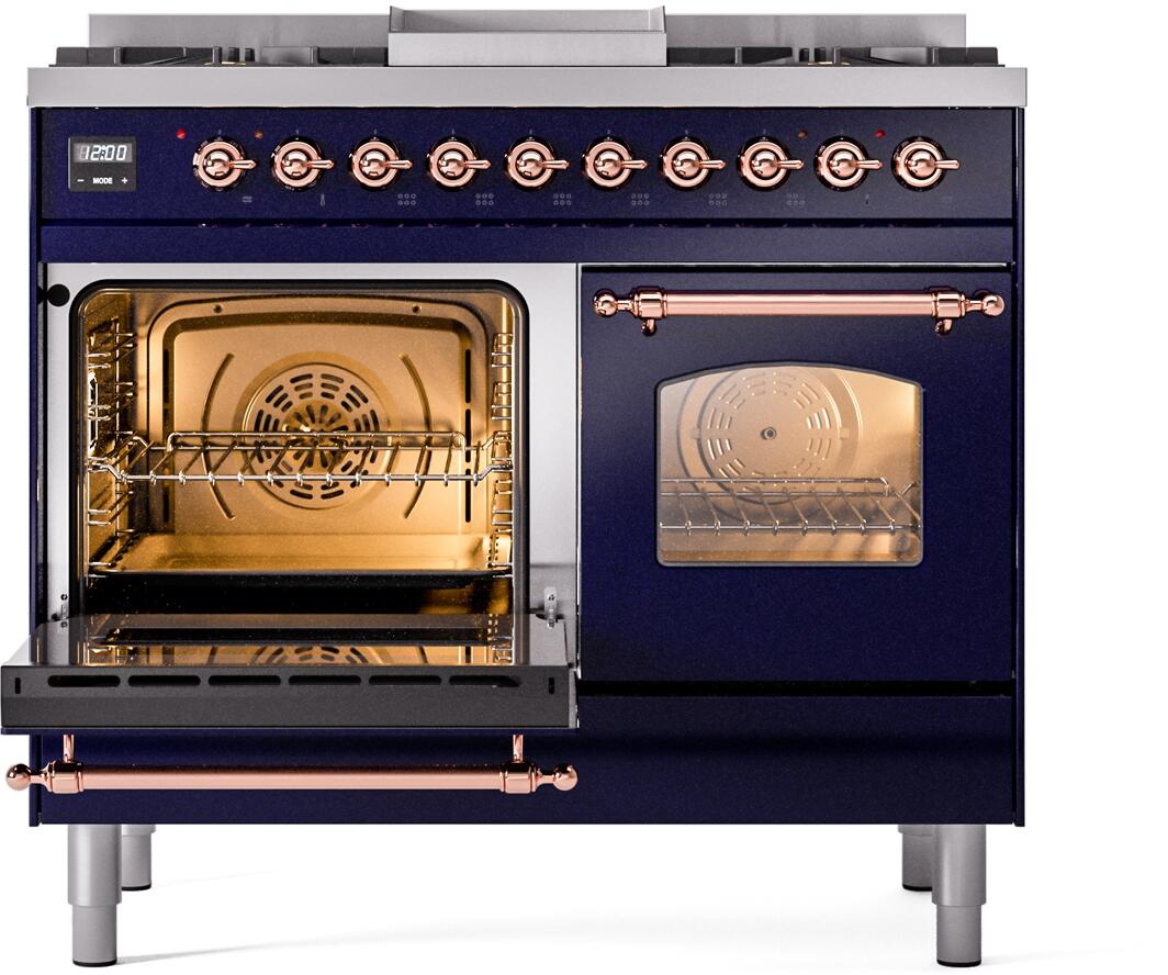 Nostalgie II 40 Inch Dual Fuel Natural Gas Freestanding Range in Blue with Copper Trim