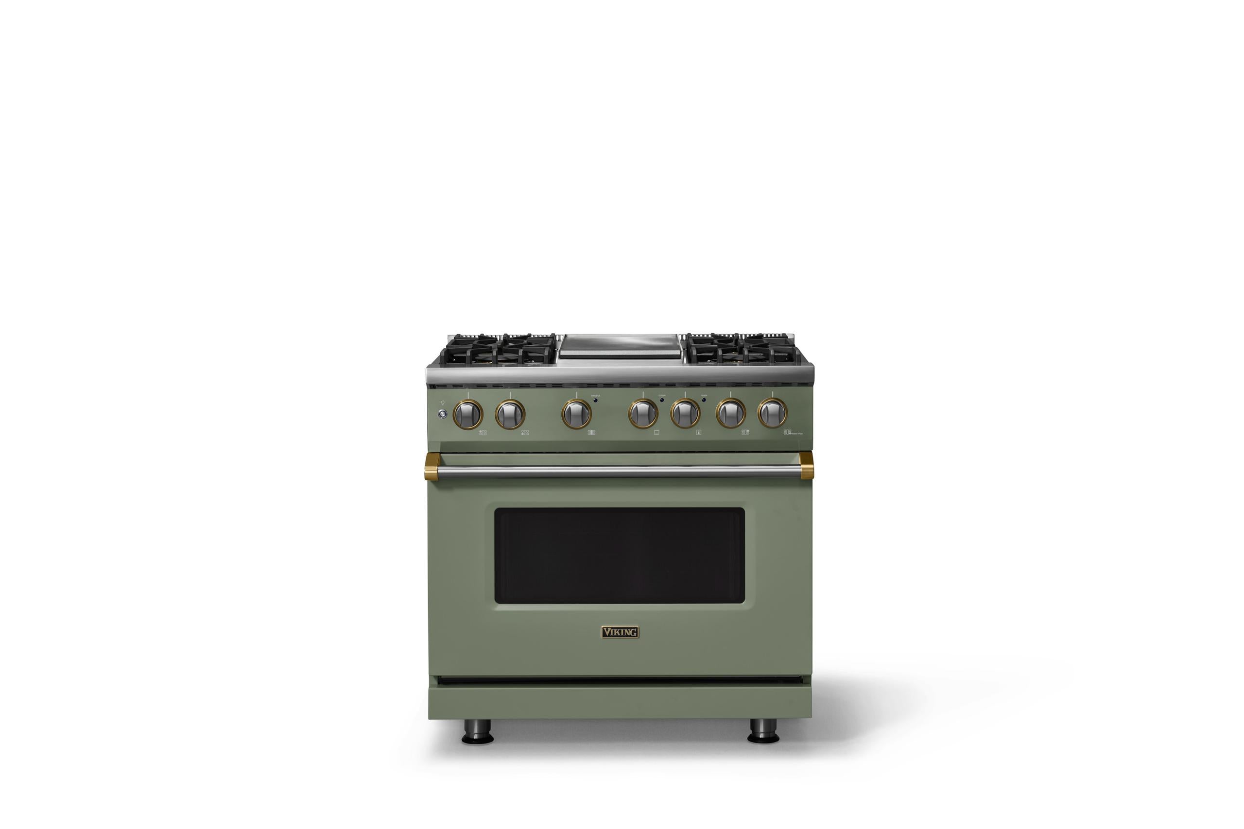 36"W. Dual Fuel Range (Burner: 4g, Finish: Eucalyptus, Trim: Brushed Brass, Fuel: Propane)