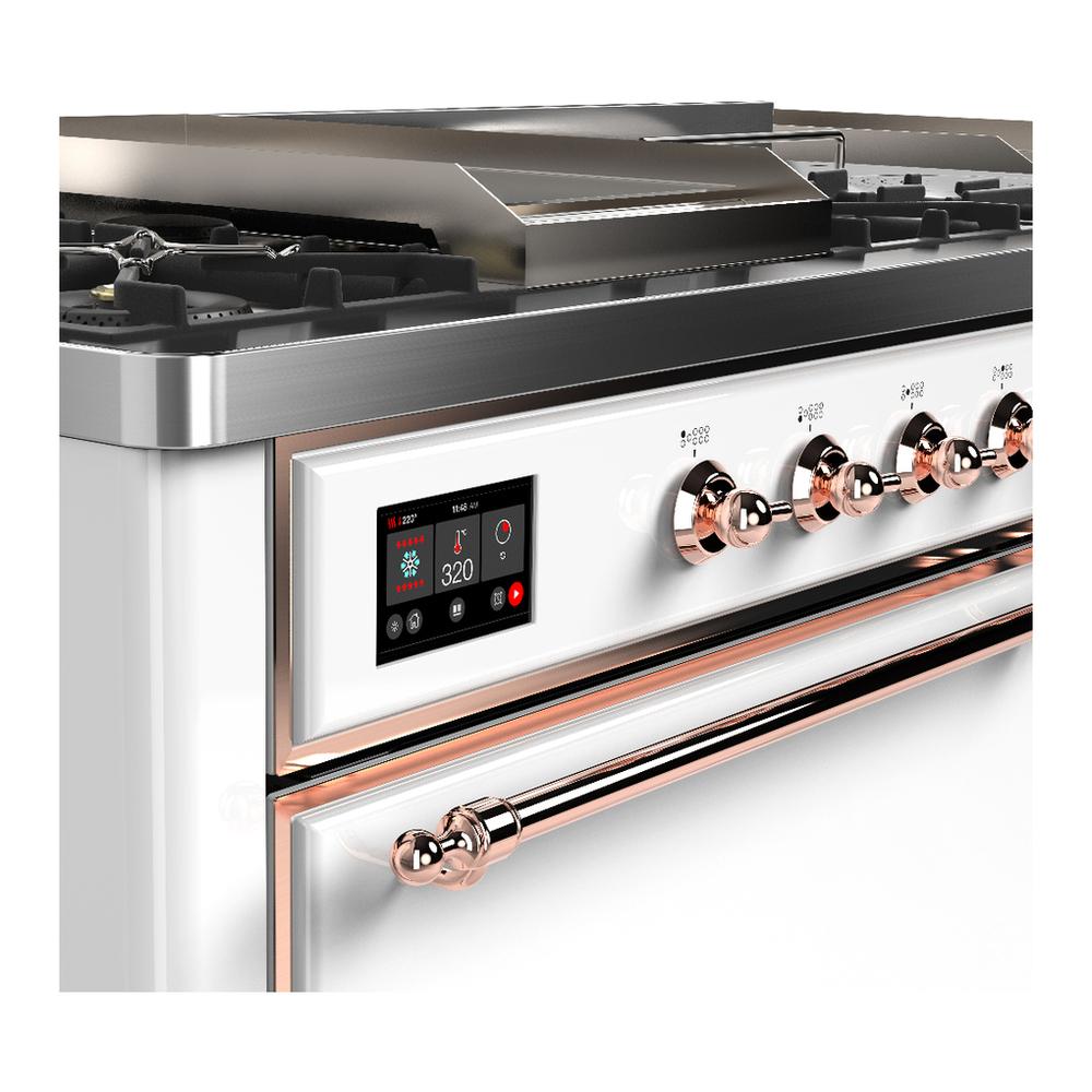 ILVE UM60FSQNR3WHP Majestic III 60 inch Dual Fuel Range with 7 Burners, Griddle and French Top, Dual Function Burner with up to 25,000 BTU (Natural Gas, Solid Door, White, Copper)