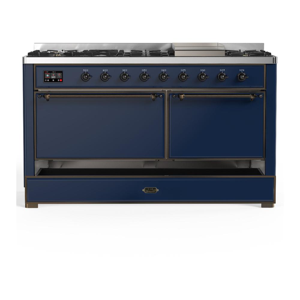 ILVE UM60FQNR3MBB Majestic III 60 inch Dual Fuel Range with 9 Burners and Griddle, Dual Function Burner up to 25,000 BTU (Natural Gas, Solid Door, Midnight Blue, Burnished)