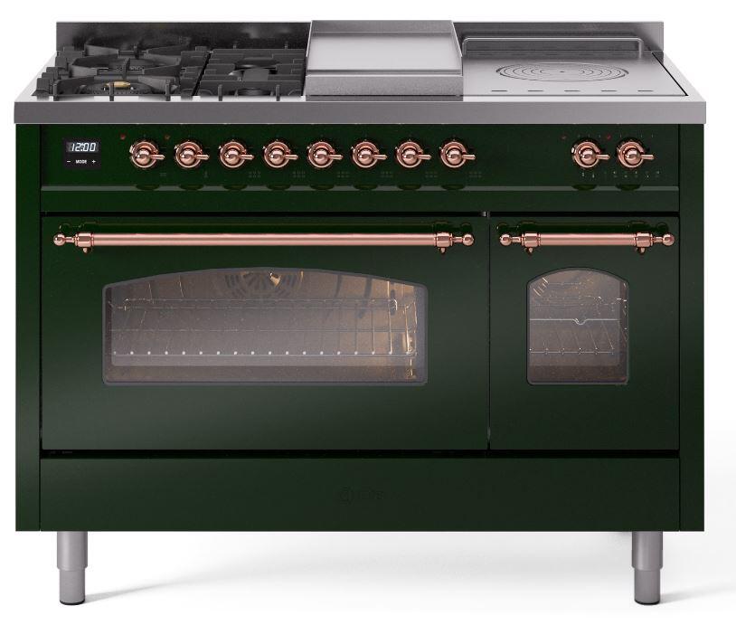 Nostalgie II 48 Inch Dual Fuel Natural Gas Freestanding Range in Emerald Green with Copper Trim