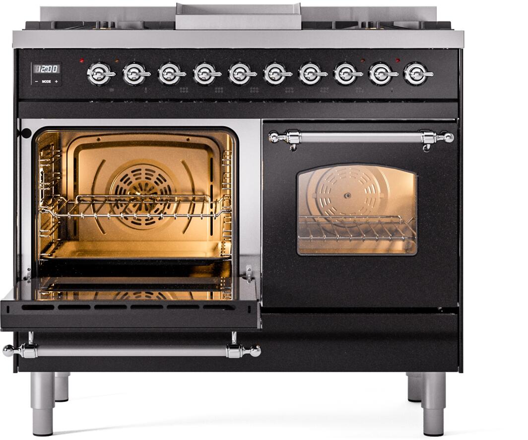 Nostalgie II 40 Inch Dual Fuel Liquid Propane Freestanding Range in Glossy Black with Chrome Trim