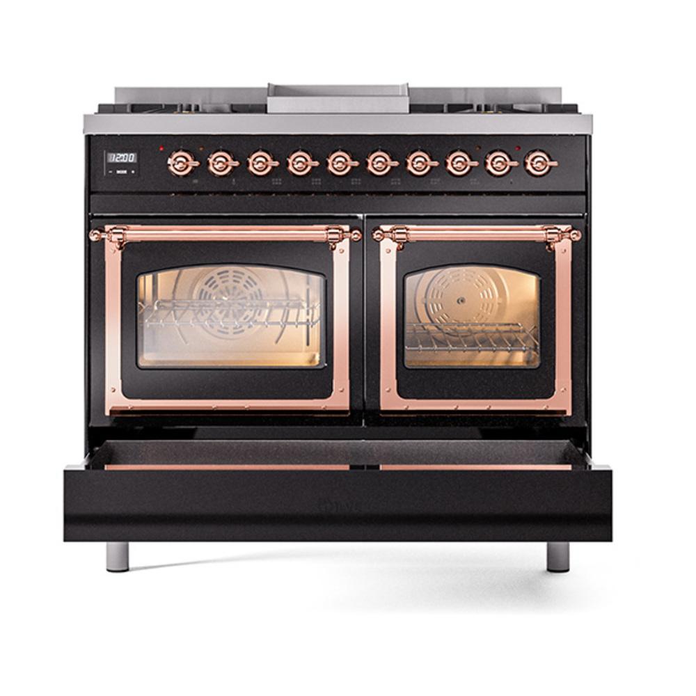 ILVE UND40FNMPBKP Nostalgie II Noblesse 40 inch Dual Fuel Range (Natural Gas, Triple Glass Door, Glossy Black, Copper)