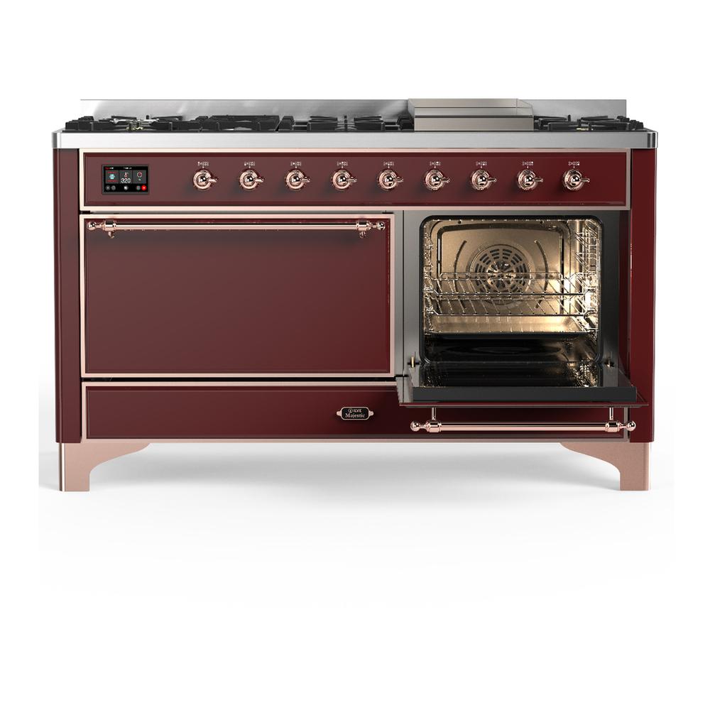 ILVE UM60FQNR3BUPLP Majestic III 60 inch Dual Fuel Range with 9 Burners and Griddle, Dual Function Burner up to 25,000 BTU (Liquid Propane, Solid Door, Burgundy, Copper)