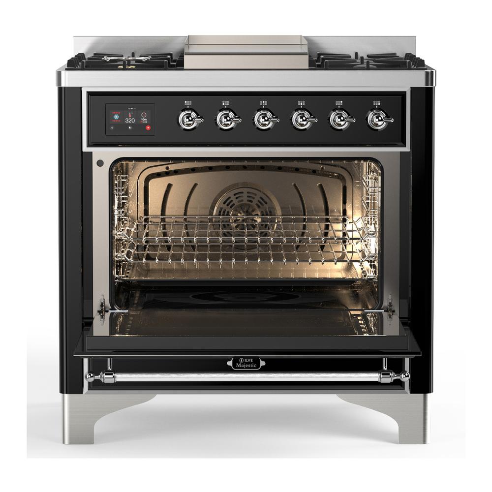 ILVE UM36FNR3BKC Majestic III 36 inch Dual Fuel Range with 6 Black Brass Burners and Griddle, Dual Function Burner up to 25,000 BTU (Triple Glass Door, Glossy Black, Chrome, Natural Gas)