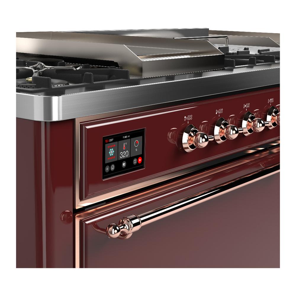 ILVE UM60FSQNR3BUPLP Majestic III 60 inch Dual Fuel Range with 7 Burners, Griddle and French Top, Dual Function Burner with up to 25,000 BTU (Liquid Propane, Solid Door, Burgundy, Copper)