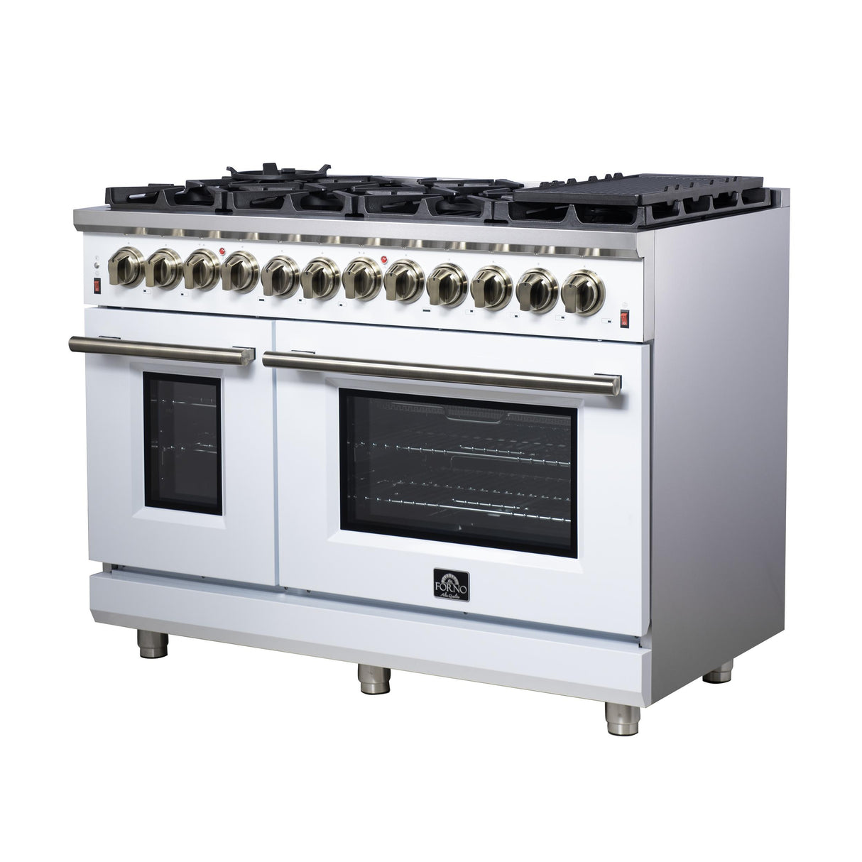 Forno Massimo 48 Inch Freestanding Dual Fuel Range in White with Antique Brass Accessories, 8 Burners, 6.58 cu. ft. Convection Oven
