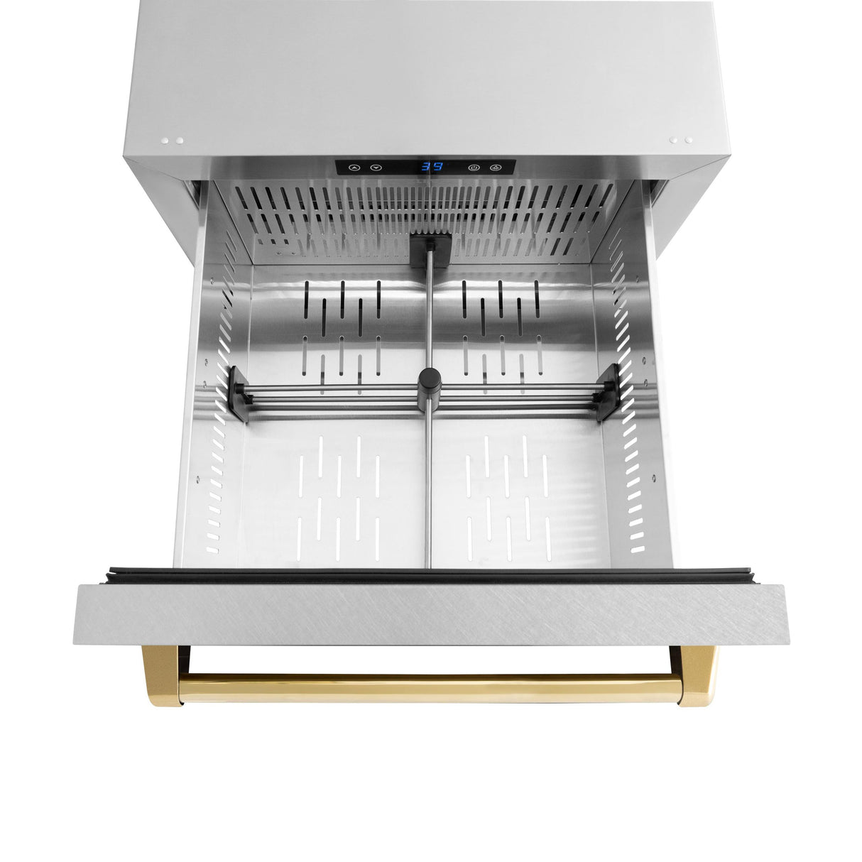 ZLINE Autograph Edition 24 in. Touchstone 168 Can Outdoor-Rated Dual Refrigerator Drawer with DuraSnow' Stainless Steel Doors and Polished Gold Handles (RDSOZ-SN-24-G)