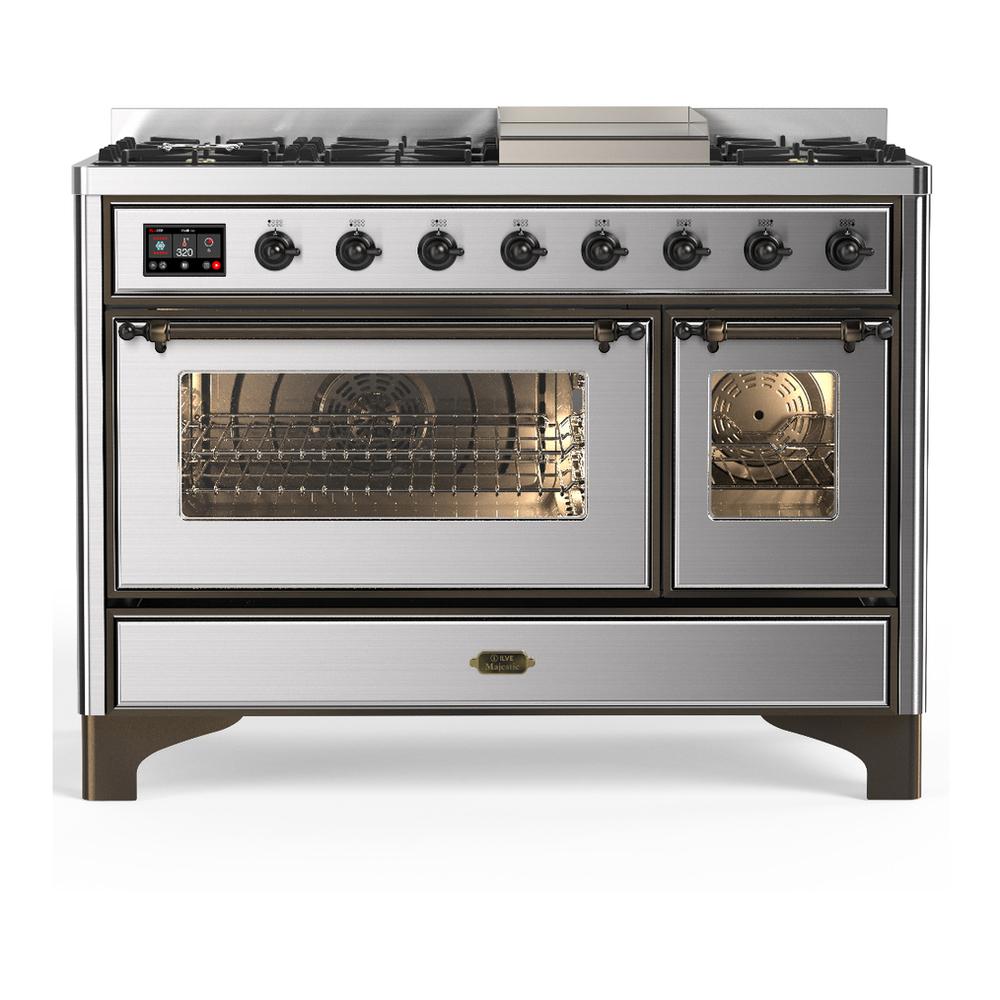 ILVE UM48FNR3SSBLP Majestic III 48 inch Dual Fuel Range with 8 Burners and Griddle, Dual Function Burner up to 25,000 BTU (Liquid Propane, Triple Glass Door, Stainless Steel, Burnished)