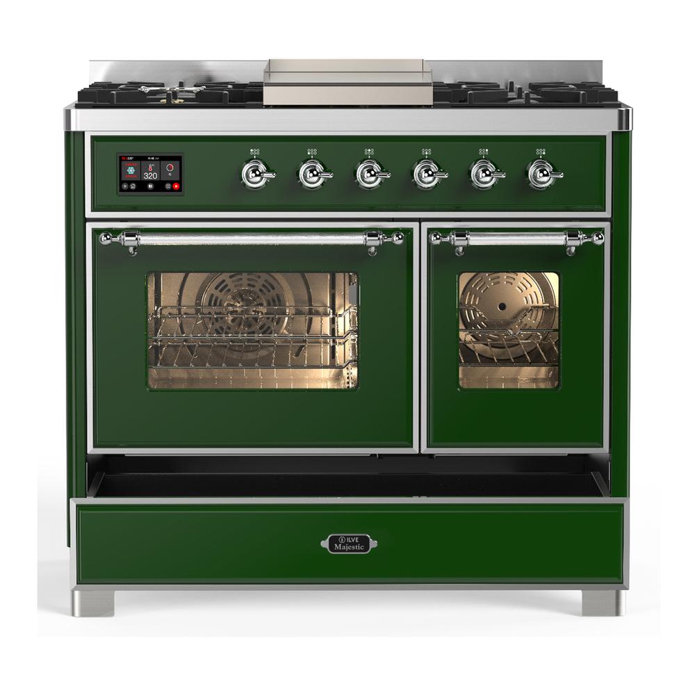 ILVE UMD40FNR3EGCLP Majestic III 40 inch Dual Fuel Range with 6 Burners and Griddle, Dual Function Burner up to 25,000 BTU (Liquid Propane, Triple Glass Door, Emerald Green, Chrome)