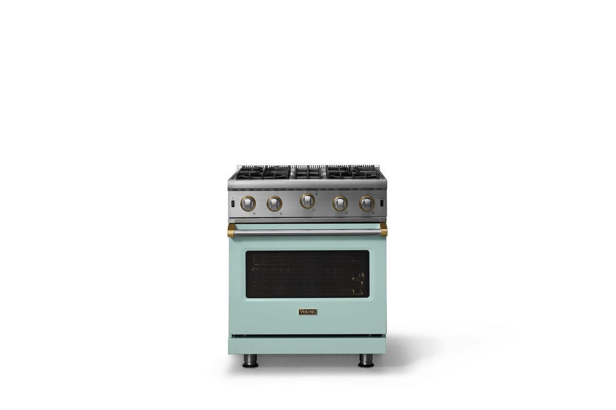 30"W. Open Burner Gas Range (Finish: Splash, Trim: Brushed Brass, Fuel: Natural Gas)