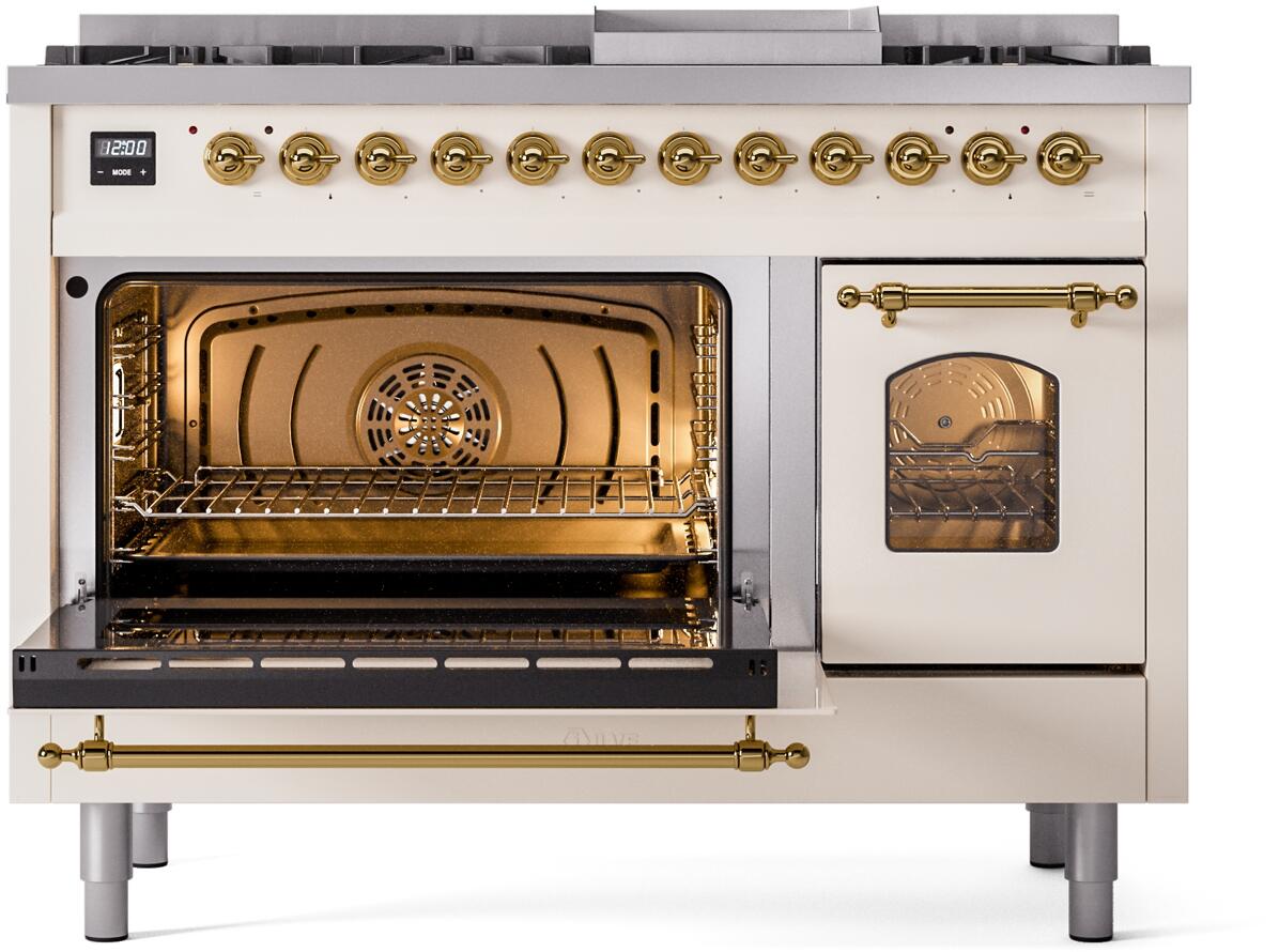 Nostalgie II 48 Inch Dual Fuel Natural Gas Freestanding Range in Antique White with Brass Trim