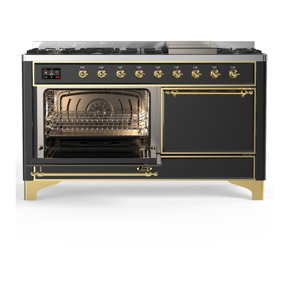 ILVE UM60FQNR3MGGLP Majestic III 60 inch Dual Fuel Range with 9 Burners and Griddle, Dual Function Burner up to 25,000 BTU (Liquid Propane, Solid Door, Graphite Matte, Brass)
