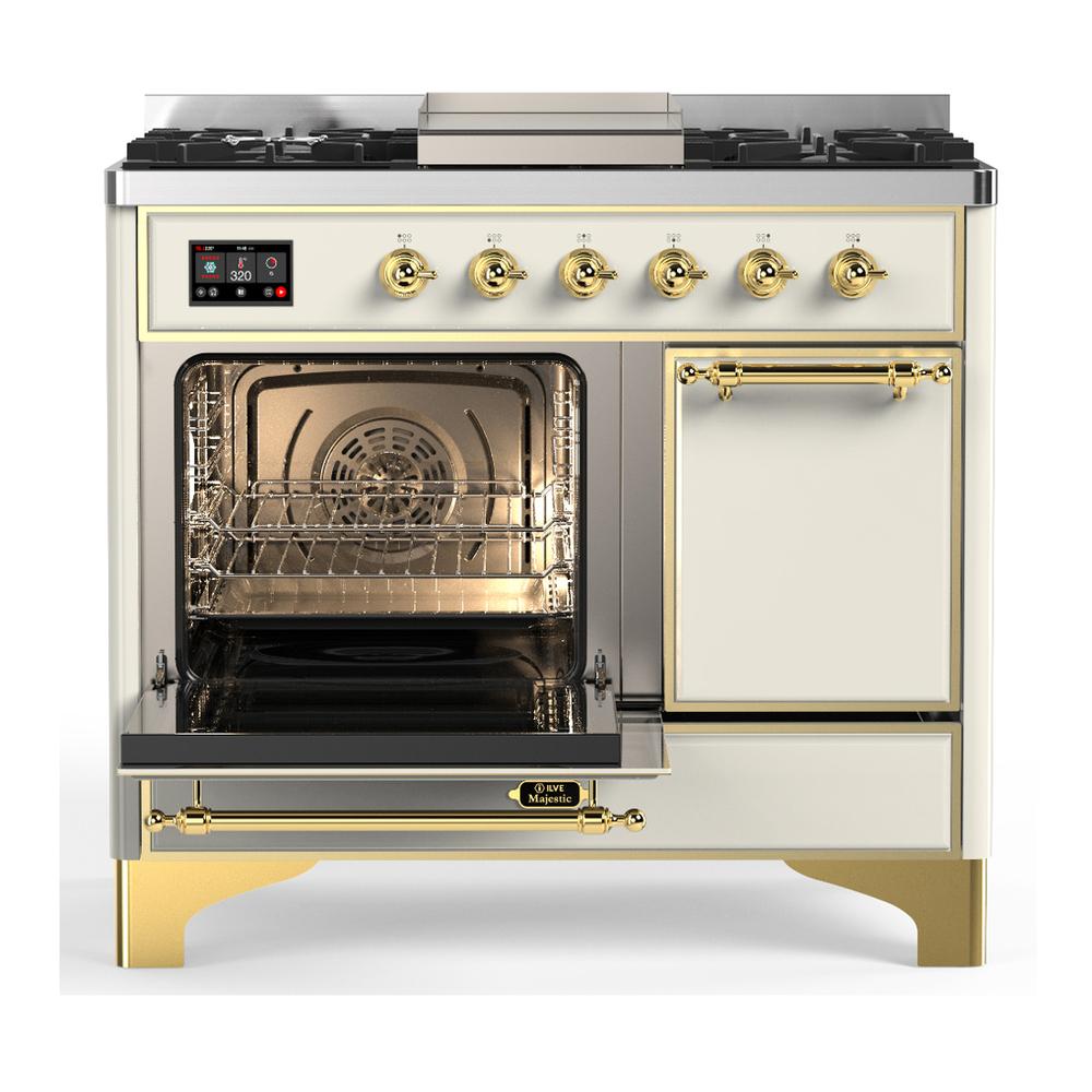 ILVE UMD40FQNR3AWG Majestic III 40 inch Dual Fuel Range with 6 Burners and Griddle, Dual Function Burner up to 25,000 BTU (Natural Gas, Solid Door, Antique White, Brass)