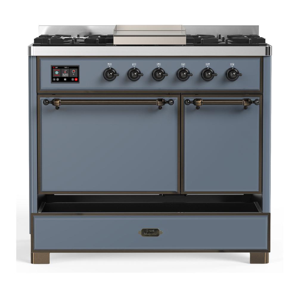 ILVE UMD40FQNR3BGB Majestic III 40 inch Dual Fuel Range with 6 Burners and Griddle, Dual Function Burner up to 25,000 BTU (Natural Gas, Solid Door, Blue Grey, Burnished)