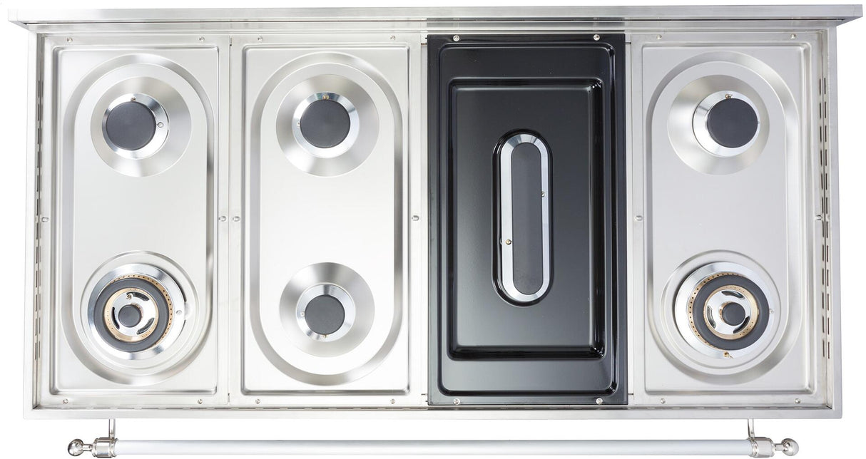 Nostalgie 48 Inch Dual Fuel Natural Gas Freestanding Range in Stainless Steel with Brass Trim