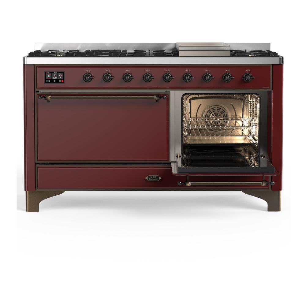 ILVE UM60FQNR3BUB Majestic III 60 inch Dual Fuel Range with 9 Burners and Griddle, Dual Function Burner up to 25,000 BTU (Natural Gas, Solid Door, Burgundy, Burnished)