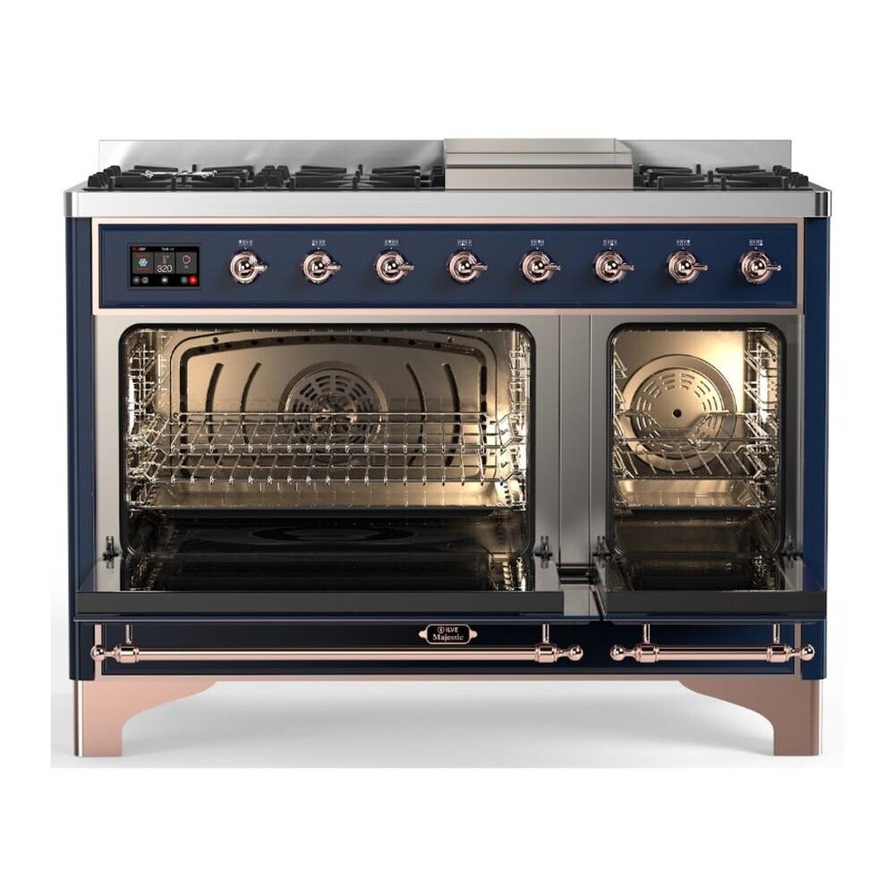 ILVE UM48FNR3MBPLP Majestic III 48 inch Dual Fuel Range with 8 Burners and Griddle, Dual Function Burner up to 25,000 BTU (Liquid Propane, Triple Glass Door, Midnight Blue, Copper)