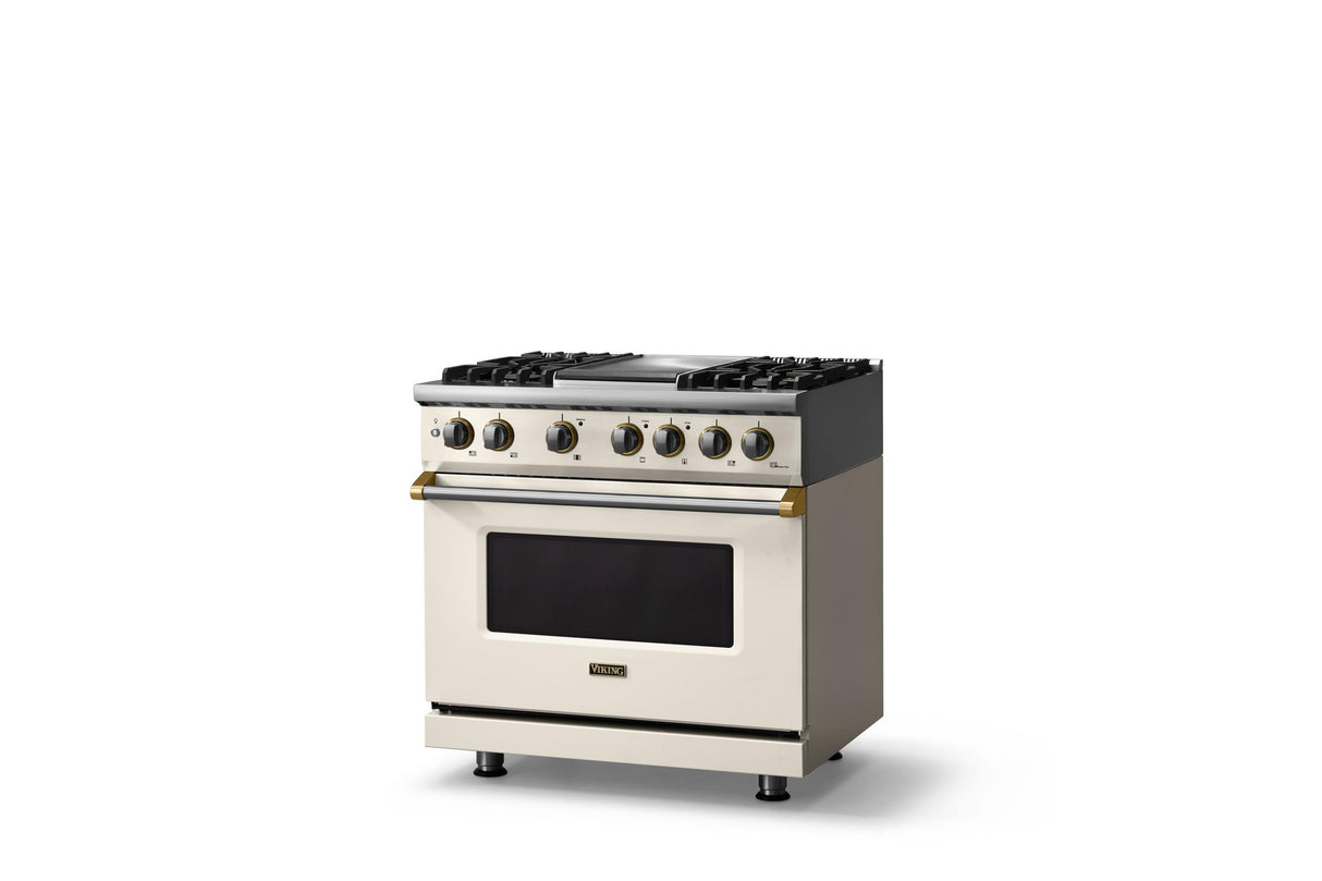 36"W. Dual Fuel Range (Burner: 4g, Finish: Pure White, Trim: Polished Chrome, Fuel: Propane)