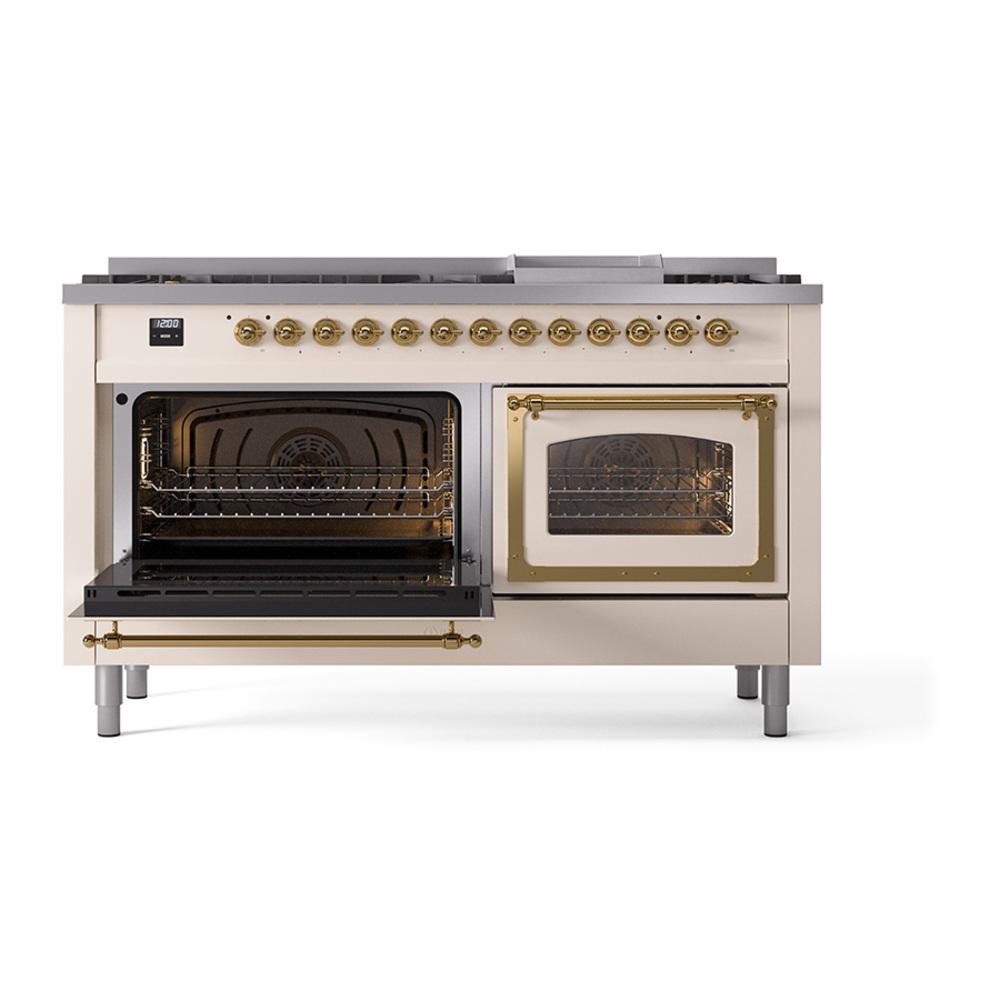 ILVE UN60FNMPAWG Nostalgie II Noblesse 60 inch Dual Fuel Range (9 Sealed Burners + Griddle, Natural Gas, Triple Glass Door, Antique White, Brass)