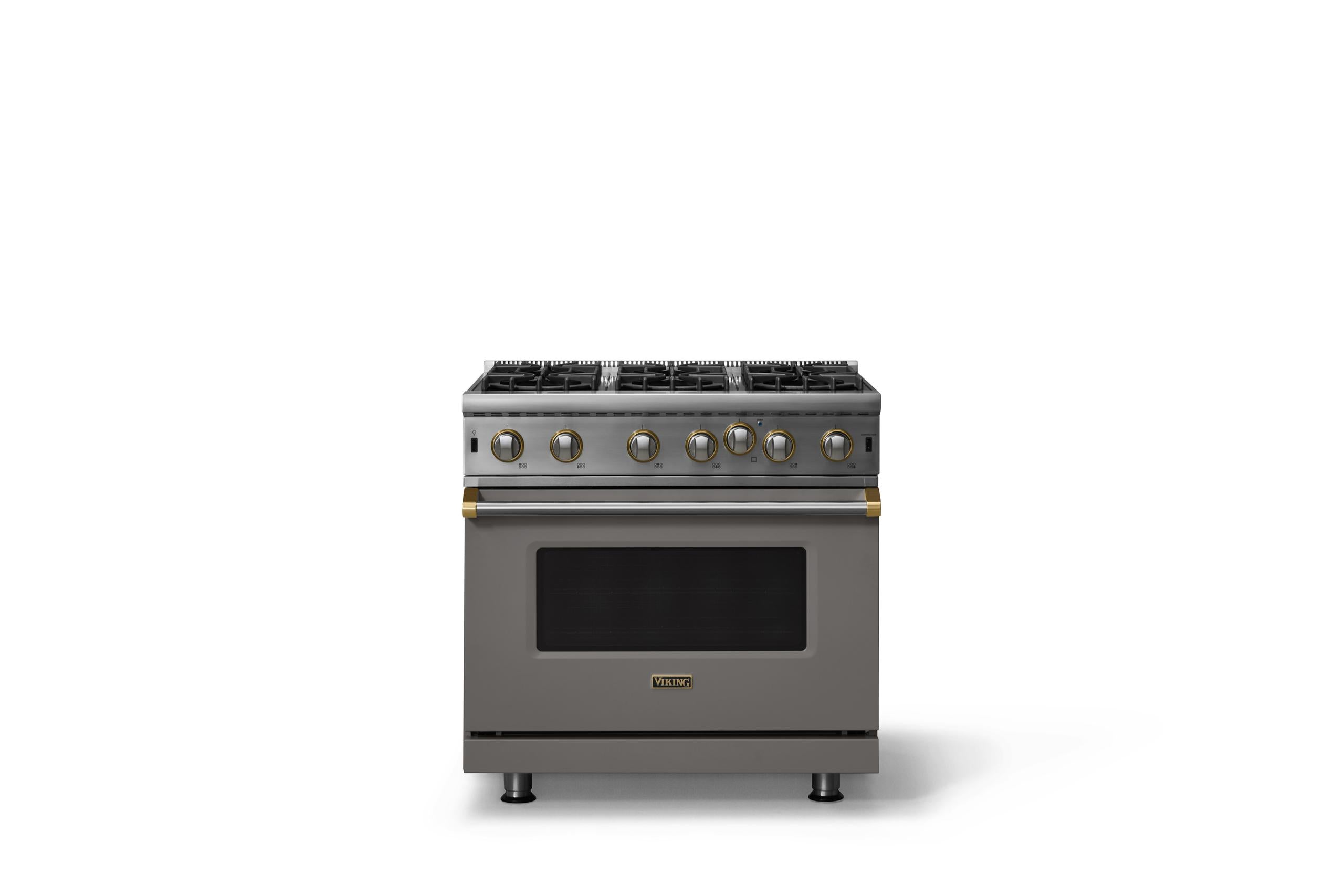 36"W. Open Burner Gas Range (Finish: Damascus Gray, Trim: Brushed Brass, Fuel: Natural Gas)