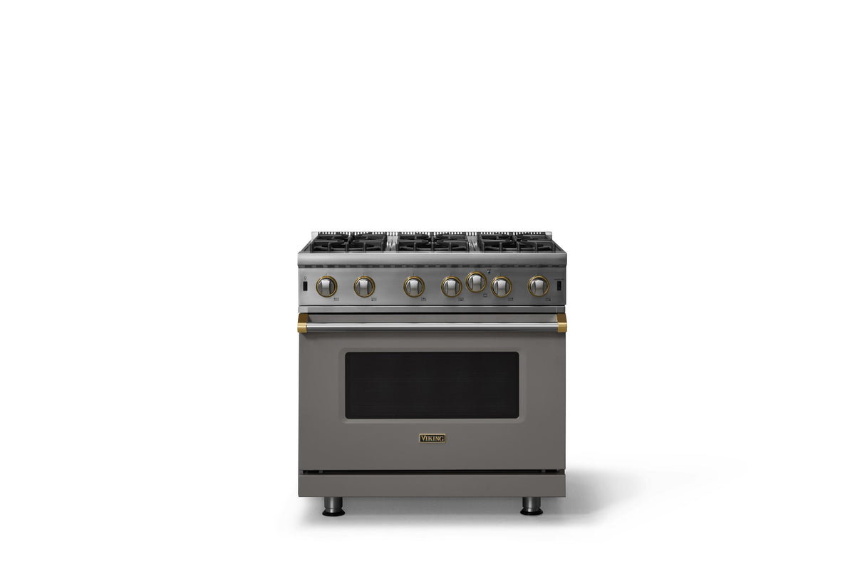 36"W. Open Burner Gas Range (Finish: Damascus Gray, Trim: Brushed Brass, Fuel: Propane)