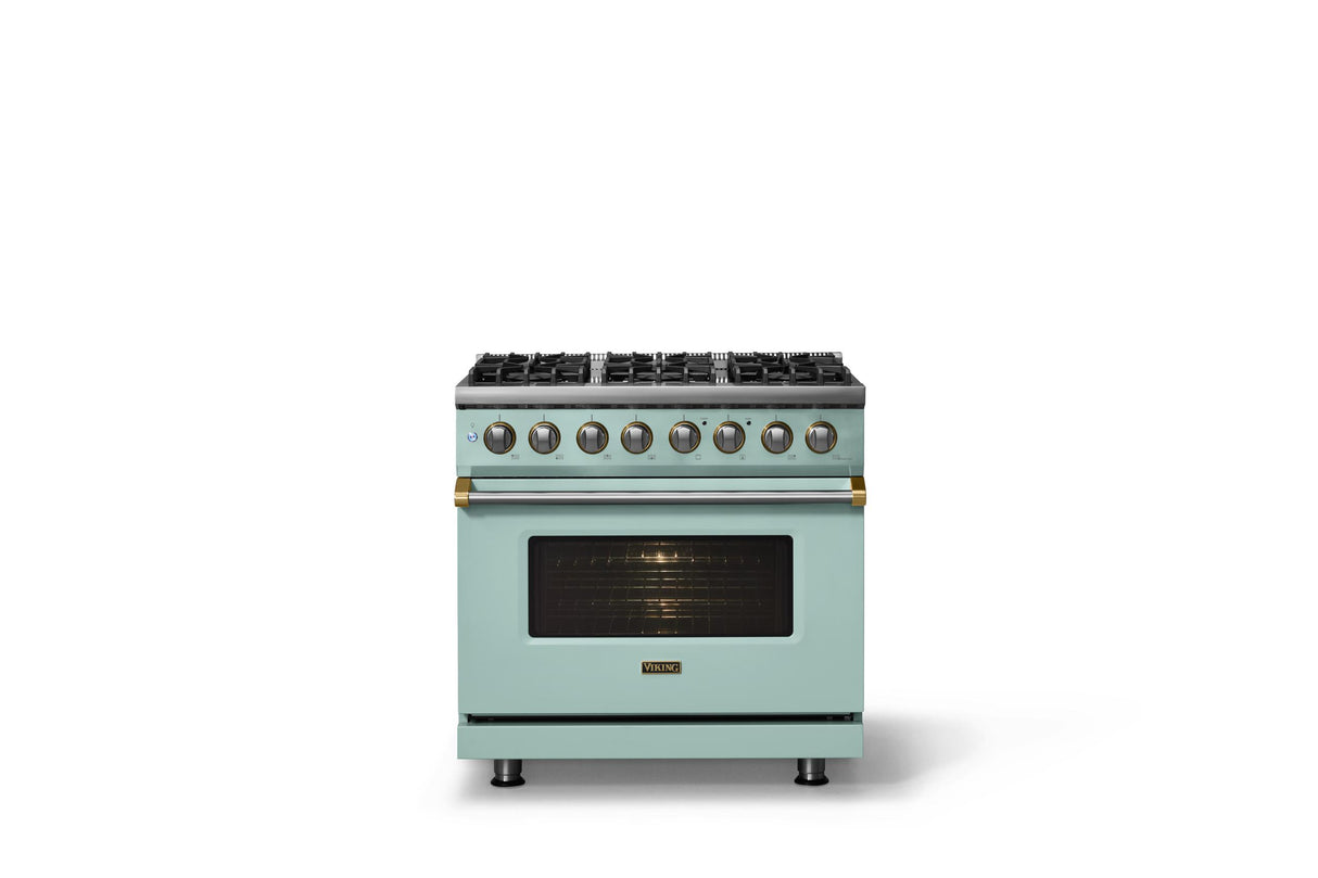 36"W. Dual Fuel Range (Burner: 6b, Finish: Splash, Trim: Brushed Brass, Fuel: Propane)