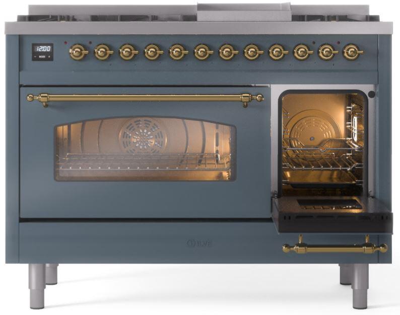 Nostalgie II 48 Inch Dual Fuel Natural Gas Freestanding Range in Blue Grey with Brass Trim