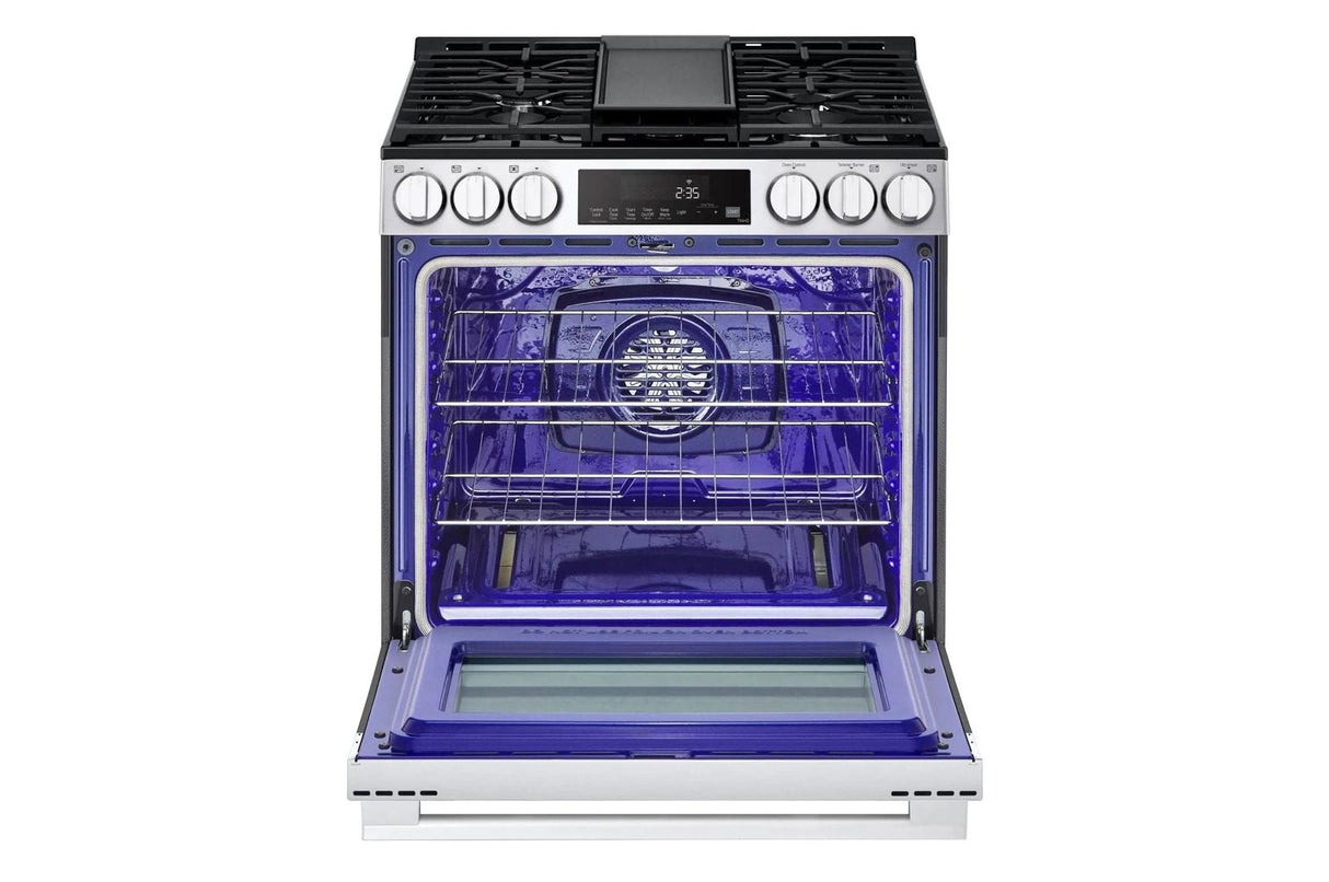 5.8 cu.ft. Smart Gas Single Oven Slide-in Range, Air Fry, Fan Convection, EasyClean®, Self Clean, ThinQ®, Printproof® Stainless Steel - New Handle
