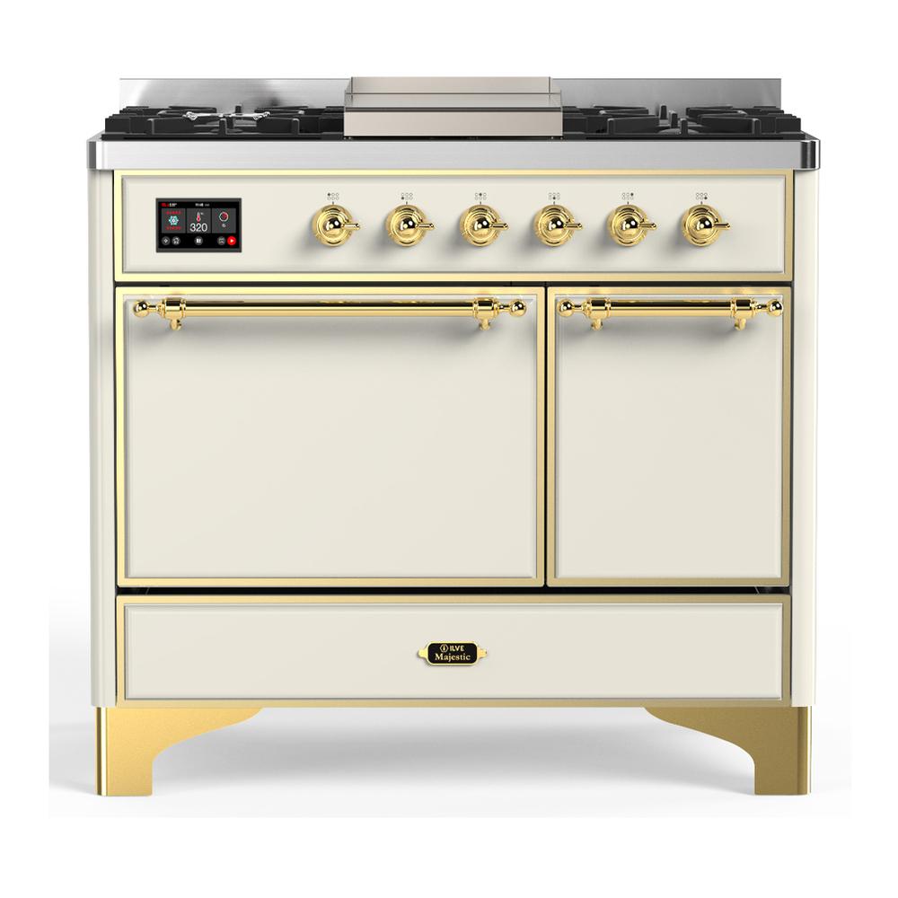 ILVE UMD40FQNR3AWGLP Majestic III 40 inch Dual Fuel Range with 6 Burners and Griddle, Dual Function Burner up to 25,000 BTU (Liquid Propane, Solid Door, Antique White, Brass)