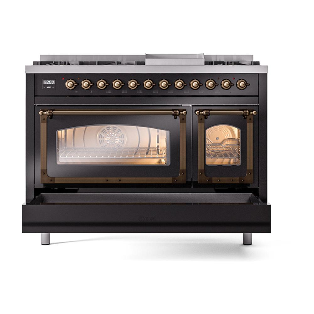 ILVE UN48FNMPBKBLP Nostalgie II Noblesse 48 inch Dual Fuel Range (8 Sealed Burners + Griddle, Liquid Propane, Triple Glass Door, Glossy Black, Burnished)