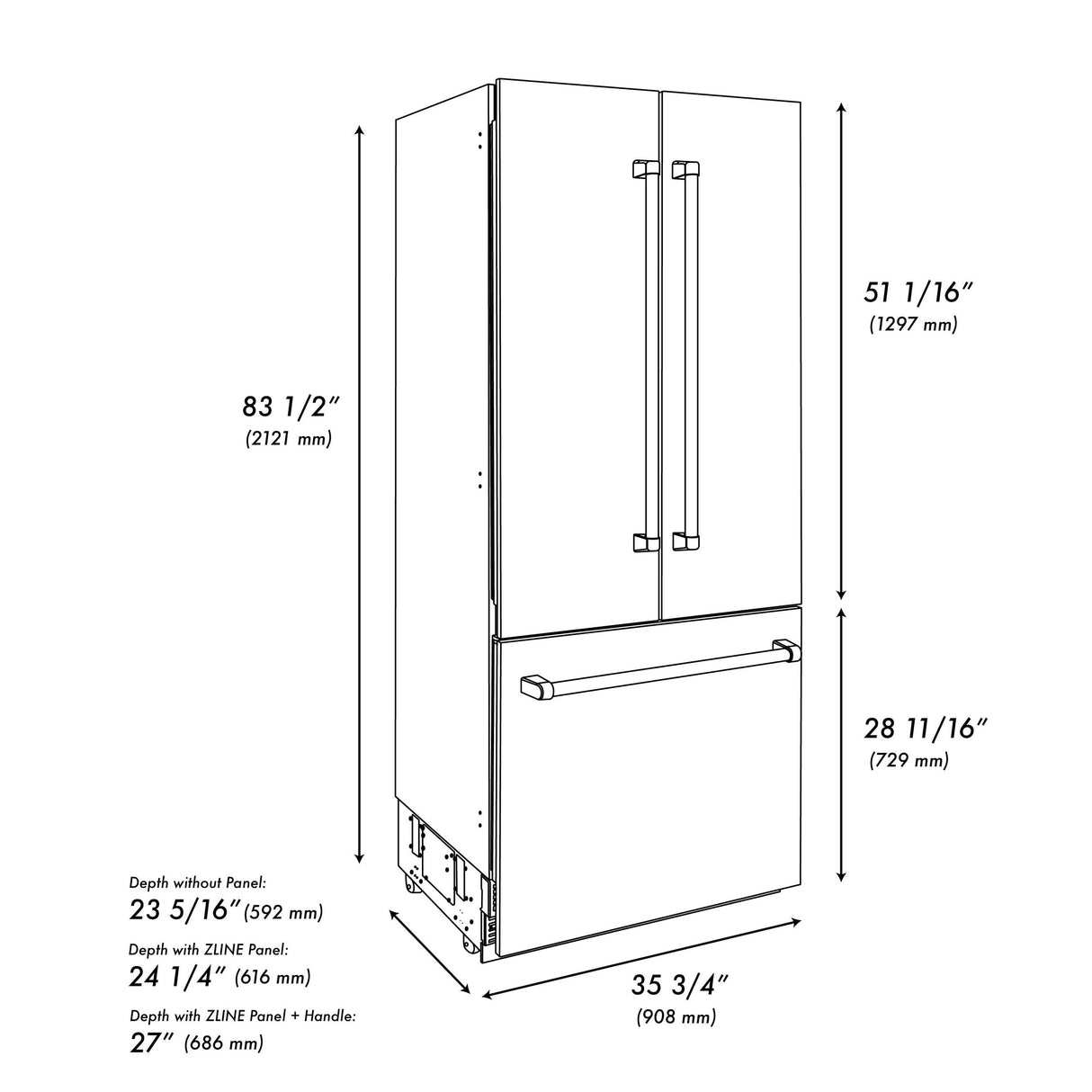 ZLINE 36 in. 19.6 cu. ft. French Door Built-In Bottom Freezer Refrigerator with Water Dispenser and Ice Maker in DuraSnow' Stainless Steel with Graphite Gray Interior (GRBIV-SN-36)