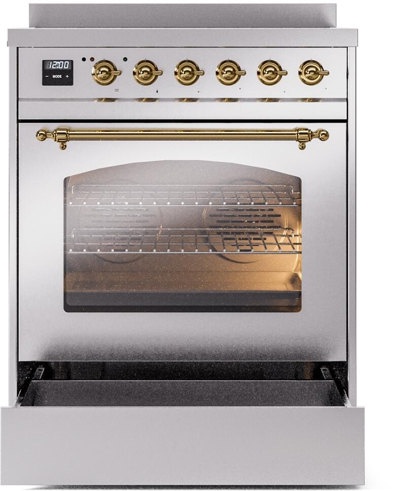 Nostalgie II 30 Inch Electric Freestanding Range in Stainless Steel with Brass Trim