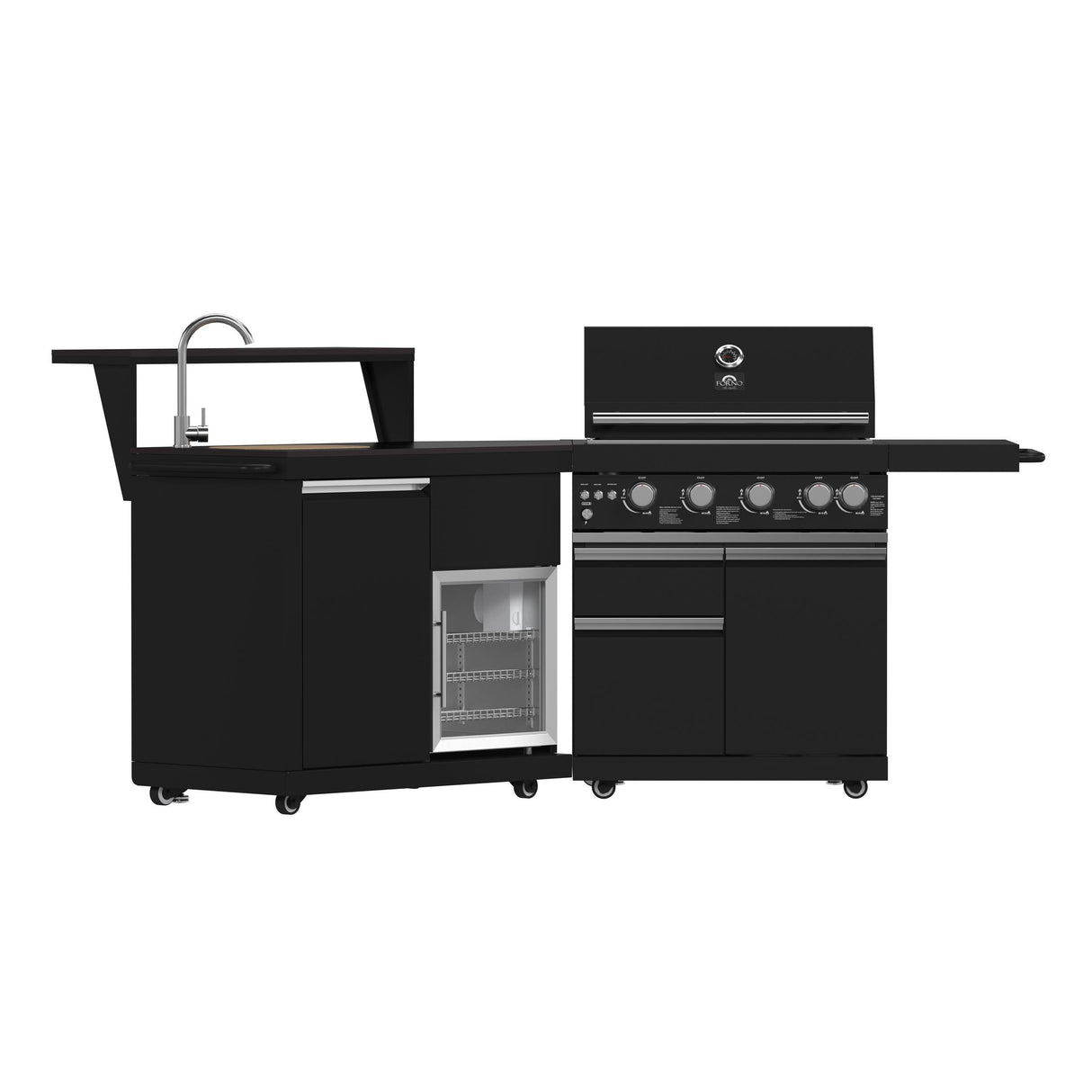 Forno All Aperto 62,600 BTU BBQ, 3 Stainless Steel Burners, Infrared Burners, Sink Module, Black Sintered Stone Countertops, Bar and Beverage Center